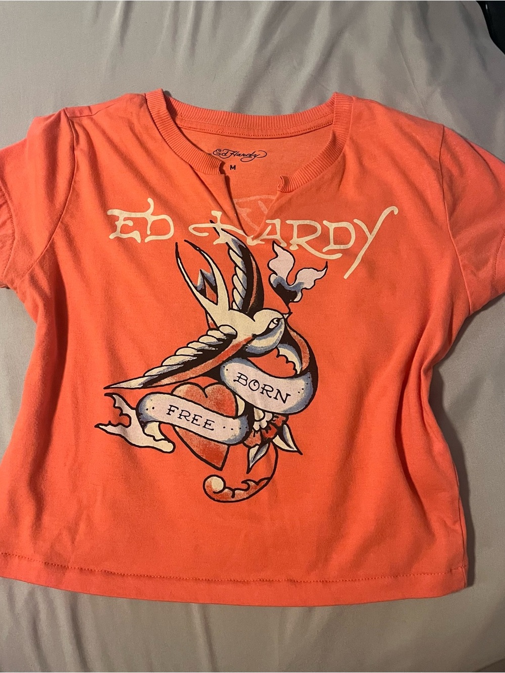 Ed Hardy Coral Short Sleeve Graphic Tee with Swallow & Heart